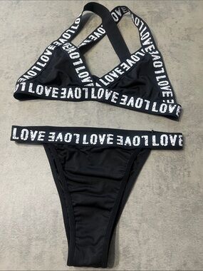 Love Black Bikini Set with White Logo Straps